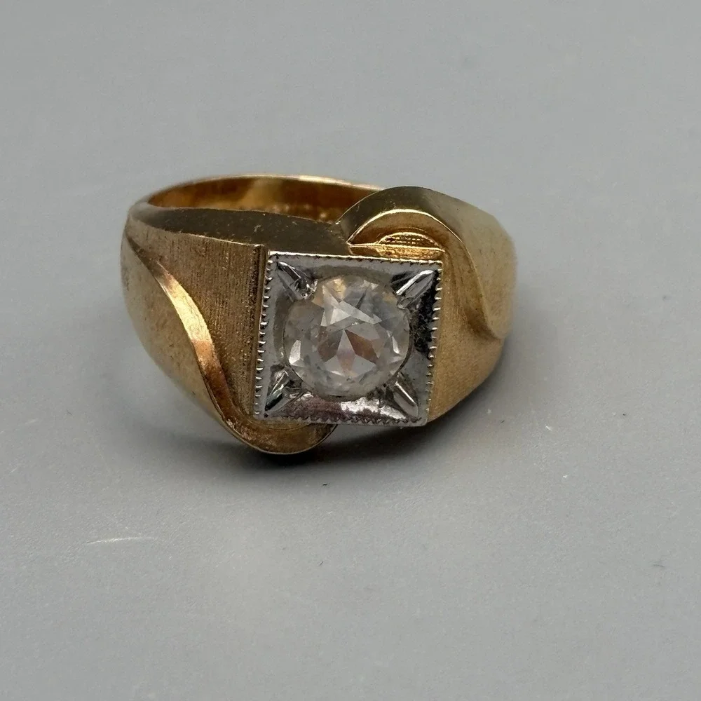 Vintage Mens 10k Gold Filled Ring Clear Stone 9.75 MCM Bold Statement 9.58g